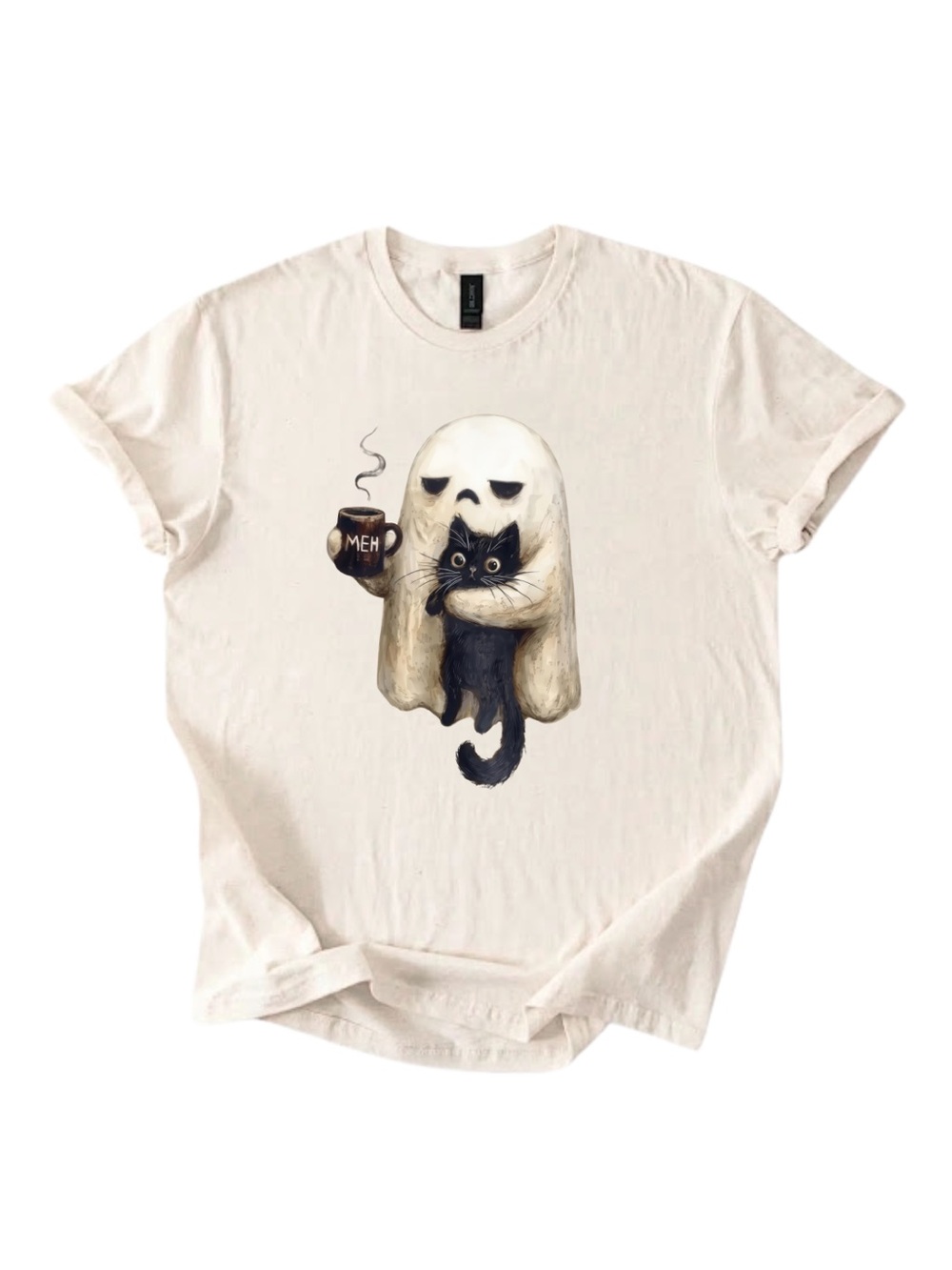 Gildan Ghost & Black Cat Graphic Tee - Cream